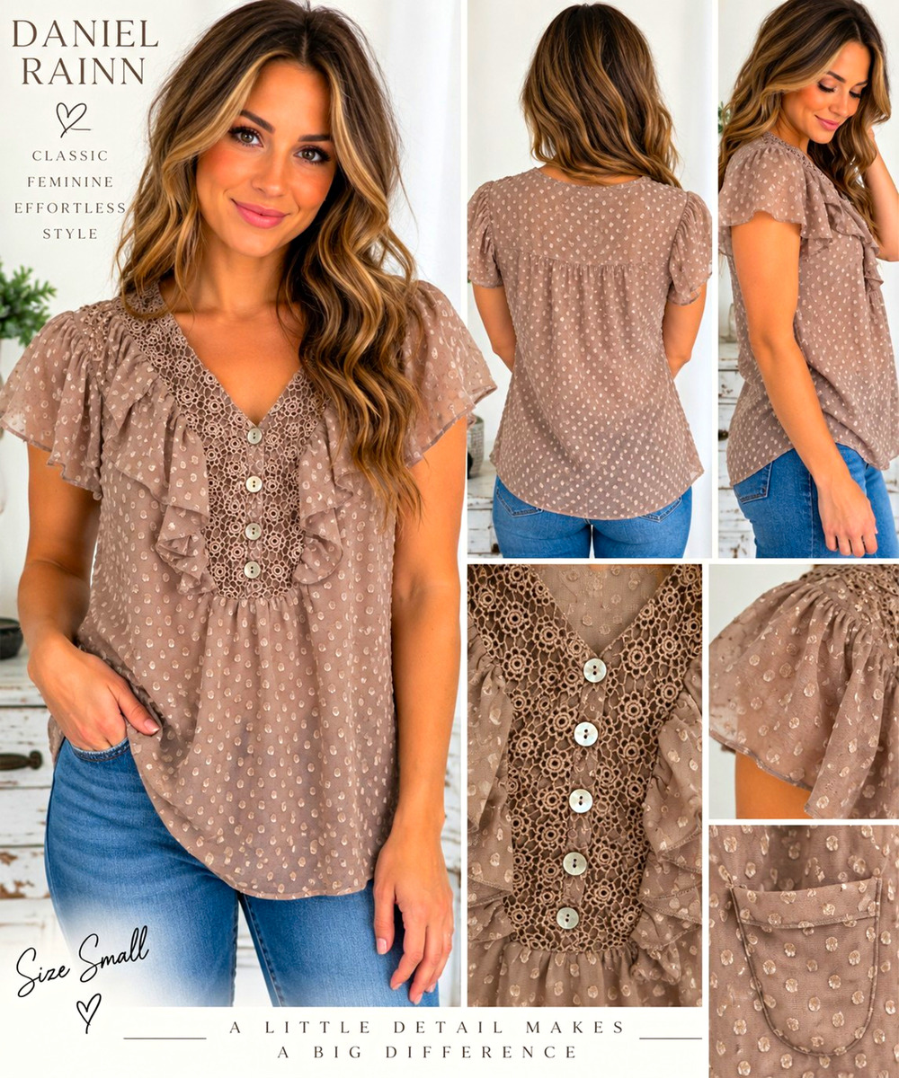 Daniel Rainn Womens Small Blouse Taupe Swiss Dot Lace Ruffle Short Sleeve NWT